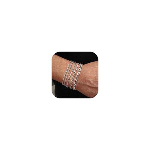LOLIAS 5 Piezas Pulseras Plata Hombres Pulseras Acero Inoxidable Hombres Cuerda eslabón Cubano Conjunto Pulseras Cadena Figaro para Mujeres Regalo joyería Hombres Él Padre Novio Marido