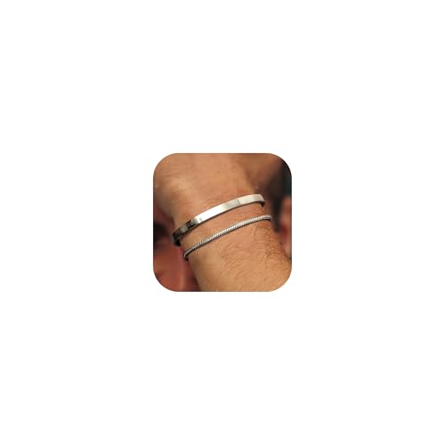 YADOCA Pulseras Hombres Apilables Plata Pulsera para Hombres Niños Cuff Serpiente Cuerda Cubana Pulsera Set 19cm Mens Joyería Regalos para Papá Novio Esposo Hijo -1