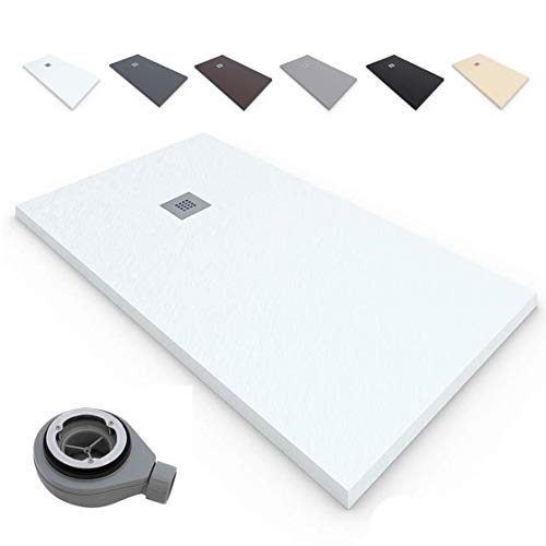 Plato de Ducha RESINA Extraplano EstiloBaño®TERRA - Antideslizante TEXTURA PIZARRA - Todas Las Medidas Disponibles -Varios colores -【75x120, Blanco Ral-9003】- Incluye Válvula desagüe+Rejilla