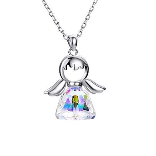 Collar de Plata de Ley 925 con Colgante de Ángel para Mujeres,Collar de Ángel de la Guarda Cristal Purpurina Joyas de Amistad para Niños Adolescentes Niñas Bautizo Confirmación Primera Comunión Regalo