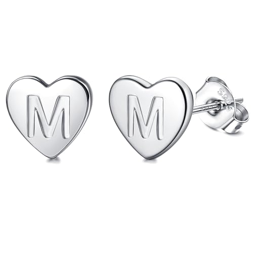 Adramata Pendientes Mujer Plata Corazón con Letras Pendientes Niña Plata de Ley 925 Mini Pendientes Iniciales A-Z, Pendientes Hipoalergenicos Niña con Caja de Regalo (Plata/Oro),S13