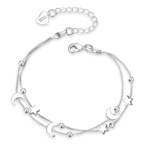 ALEXCRAFT Pulsera de Plata 925 para Mujer y Niñas, Pulsera Capas con Estrella Luna y Perlas, Hipoalergenicos, Pulseras Ajustable, Joyería Regalos para Mujeres Niñas Madre