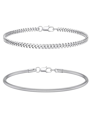 CASSIECA 2Pcs Pulsera Hombre Pulseras para Hombres Acero Inoxidable Apilable Pulseras Plata para Hombres Niños Pulseras Serpiente Cubana 19CM Regalos para Papá Esposo Hijo