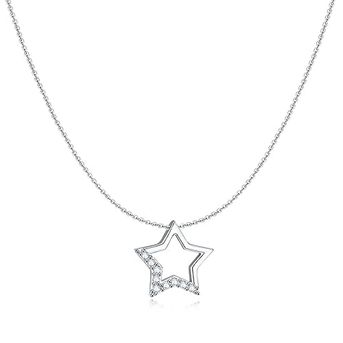 Collar de Plata de Primera Ley (S925) Estrella Cinco Puntas con Circonitas Brillantes en la Mitad de la Pieza. Colgante acabado en Plata o Baño Oro 18K. Regalo Cumpleaños. Joyas para mujer