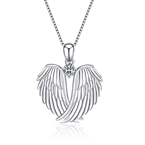Collar de alas de ángel de la guarda con colgante de plata de ley con circonita cúbica brillante para mujeres y niñas, Plata esterlina, Circonia cúbica
