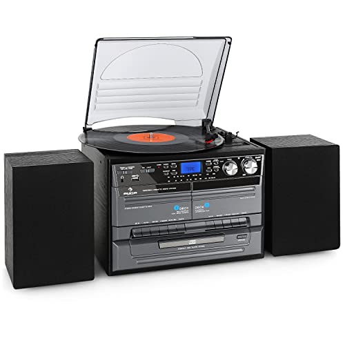 Auna Tocadiscos de Vinilo Vintage, Incluye Altavoces con Sistema Estéreo para Musica AUX, Reproductor Retro con CD, Radio Dab, USB