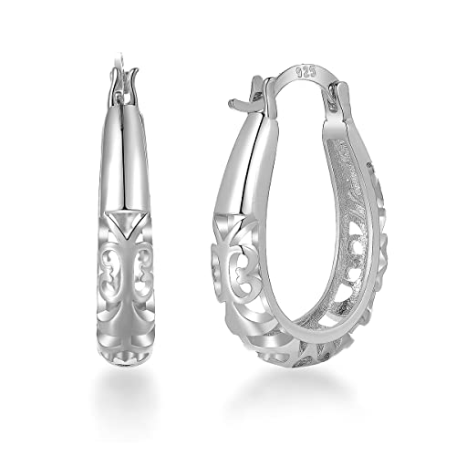 S925 Pendientes de mujer Aros Oreja Aro de plata esterlina Filigrana Pendientes de oreja Pendiente de diseño hueco para mujeres Niñas (plata)