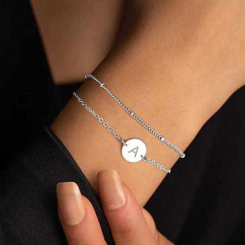 YADOCA Pulsera de Plata para Mujer - Pulsera con Inicial de Letra Rellena de Oro de 18 Quilates Pulseras con Monograma de Disco Personalizadas para Mujeres Adolescentes y niñas Regalos -A