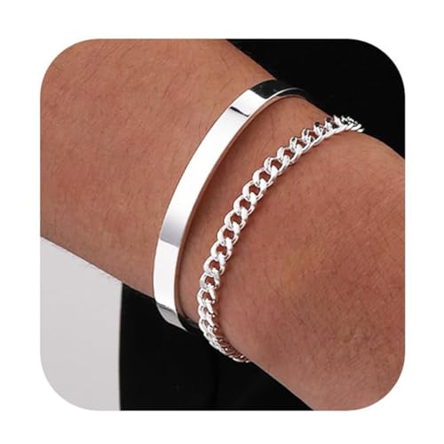 COYUN 2Pcs Pulsera Hombre Pulseras Hombre Pulseras para Hombres Acero Inoxidable Apilable Pulseras Plata para Hombres Niños Brazalete Cubana Cadena de Eslabones Pulseras Regalos para Papá Esposo Hijo