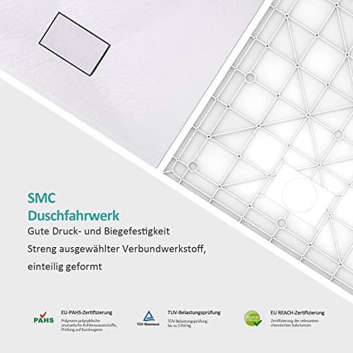 EMKE Plato de ducha de 120 x 90 cm, superficie antideslizante, plato de ducha SMC, aspecto de piedra, plato de ducha de 90 mm, orificio de desagüe esquinero, color blanco