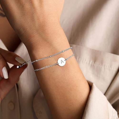 YADOCA Pulsera de Plata para Mujer - Pulsera con Inicial de Letra Rellena de Oro de 18 Quilates Pulseras con Monograma de Disco Personalizadas para Mujeres Adolescentes y niñas Regalos -A
