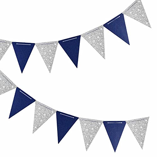Banderín triángulo azul marino y plata 60 metros para decoración de fiestas, 30 banderas