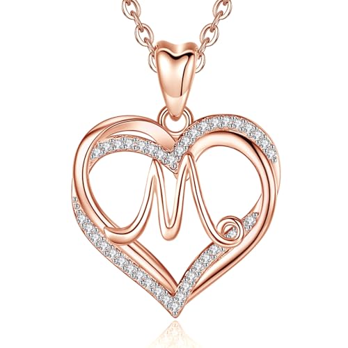 INFUSEU Collar Oro Rosa, Letra Para Las Mujeres M Inicial del Corazón Colgante Sin Collar de Circonio Cúbico de Joyería de Cumpleaños Romántico Para Ella, 20 Pulgadas De La Cadena