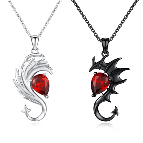 Waysles Collar de plata de ley 925 con alas de ángel y diablo, colgante de ala de diablo y colgante para él y ella, Plata esterlina