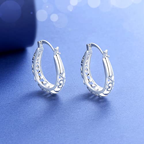 S925 Pendientes de mujer Aros Oreja Aro de plata esterlina Filigrana Pendientes de oreja Pendiente de diseño hueco para mujeres Niñas (plata)