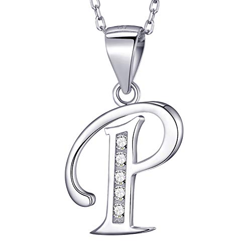 MASADA Cadena con Inicial de Plata Esterlina 925 - Colgante con Letra P con Piedras de Circonio - 46cm de largo - Bolsa de Terciopelo