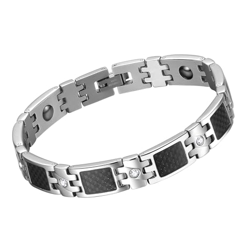 OIDEA Pulsera Magnética Hombre Plata: Pulseras de Cadena de Acero Inoxidable para Caballero con Circonita Fibra de Carbono Hipoalergénico Antialérgico - Para Uso Diario San Valentín Regalo