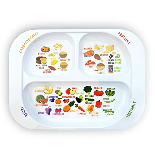 Plato dividido de aprendizaje saludable para niños | Aprenda Nutrición y Grupos de Alimentos | Secciones de colores para los más caprichosos | Melamina apta para niños, apta para lavavajillas