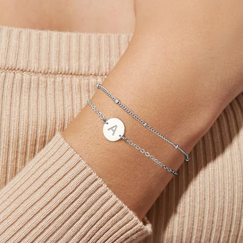 YADOCA Pulsera de Plata para Mujer - Pulsera con Inicial de Letra Rellena de Oro de 18 Quilates Pulseras con Monograma de Disco Personalizadas para Mujeres Adolescentes y niñas Regalos -A