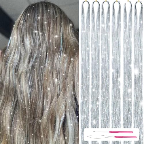 CharmeFleur Juego de Brillos para el Cabello con Herramientas 122cm 1200 Hilos Extensiones de Cabello Destellos Resplandecientes Resistentes al Calor para Mujeres y Niñas 6 Piezas (Plata)