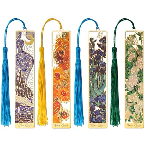 JSRQT 4 Piezas Marcapáginas de Metal con Borla, Marcadores de Libros Van Gogh, Marcadores de Página,Accesorios lectura Marcador Clip,Marcadores Accesorios para Amantes del Libro