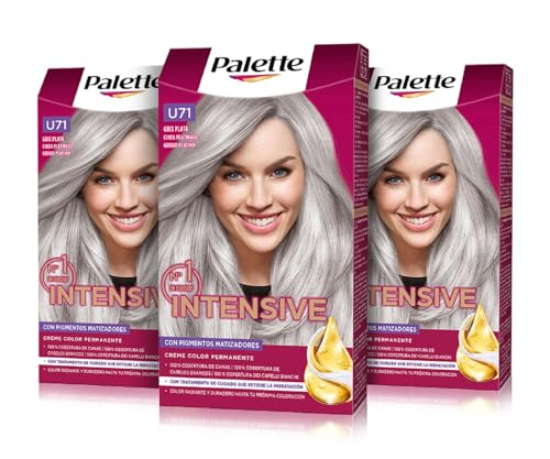 Palette Intensive Creme Color U71 Gris Plata, tinte de pelo permanente con aceite de macadamia y almendras, cubre el 100% de las canas y raíces, para un color radiante, Pack 3