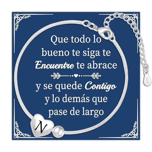 Tibond Pulsera de Corazón de Plata S925-Joyería con Iniciales-Regalo de Letra de la Suerte para Amigas Hermanas Mamá Hija Sobrina Colegas Niñas Mujer (N)