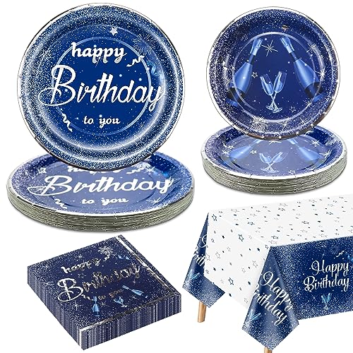 Azul marino y plateado, decoraciones de fiesta de cumpleaños para 20 invitados, juego de vajilla azul marino, incluye platos de papel azul, mantel de feliz cumpleaños, servilletas para hombres y